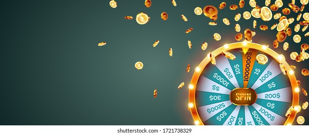 Vector illustration spinning fortune wheel on explosion of gold coins background. Realistic 3d lucky roulette.