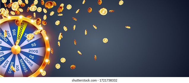 Vector illustration spinning fortune wheel on explosion of gold coins background. Realistic 3d lucky roulette.