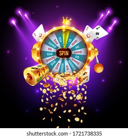 Vector Illustration Spinning Fortune Wheel On Explosion Of Gold Coins Background And With Light Spotlights. Realistic 3d Lucky Roulette.