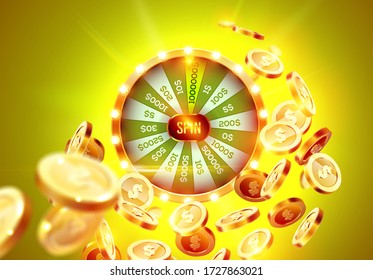 Vector Illustration Spinning Fortune Wheel On Explosion Of Gold Coins Background And With Light Spotlights. Realistic 3d Lucky Roulette.