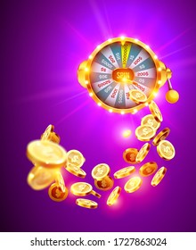 Vector illustration spinning fortune wheel on explosion of gold coins background and with light spotlights. Realistic 3d lucky roulette.