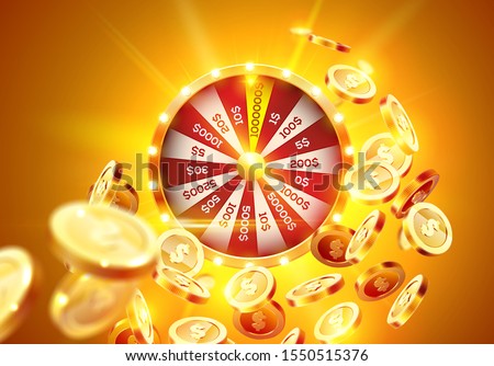 Vector illustration spinning fortune wheel on explosion of gold coins background and with light spotlights. Realistic 3d lucky roulette.