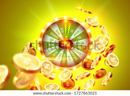 Vector illustration spinning fortune wheel on explosion of gold coins background and with light spotlights. Realistic 3d lucky roulette.