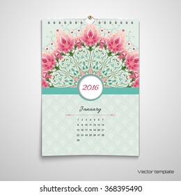 Vector illustration. Spiral calendar with beautiful round floral pattern and delicate ornament. All design elements consist of hearts. Wedding or Valentine's Day. Realistic shadows.