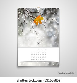 Vector illustration. Spiral calendar with the last leaf on the tree and snowfall. Winter abstract background. Space for your text. Realistic shadows.