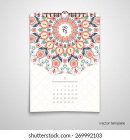Vector illustration. Spiral calendar with  round hexagonal floral pattern in modern style. Moroccan tiles ornament. Realistic shadows.