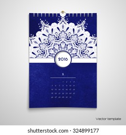 Vector illustration. Spiral calendar with a round ornament. Beautiful floral oriental pattern and watercolor hand drawing background. Space for your text. Realistic shadows.