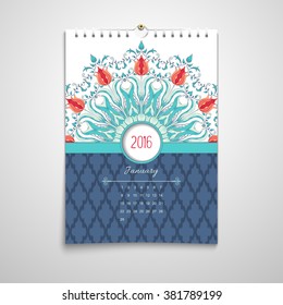 Vector illustration. Spiral calendar with round tulip floral pattern and ribbon. Moroccan tiles pattern background. Realistic shadows.
