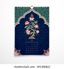 Vector illustration. Spiral calendar with Tree of Life. The motives of the paintings of ancient Indian fabrics. Tree of Life collection. Dark backdrop. Realistic shadows.