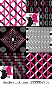 Vector illustration of spiral and geometric patterns in abstract style. Modern tricolor composition of black, white, pink, eps 10.