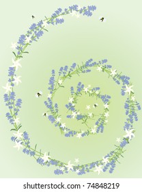 vector illustration of a spiral of lavender and white jasmine flowers with flying bees on pale green in eps 10 format