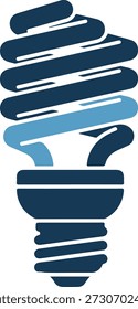 Una Ilustración vectorial de una bombilla espiral con colores azul marino y azul claro sobre un fondo blanco puro, ideal para temas ecológicos