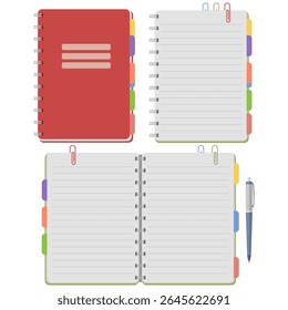 Vector illustration of a spiral notebook with colorful divider tabs, lined pages, paper clips, and pen, shown in various open and closed positions. Organized layout for planning, journaling,