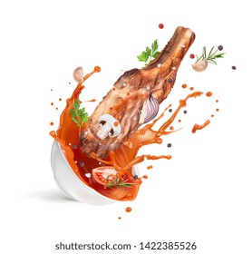 ilustración vectorial salpicado de ketchup en un plato blanco con carne y especias