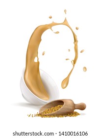 vector illustration splash of mustard with grains and a wooden spoon