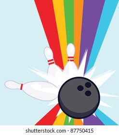 A vector illustration of a splash star with bowling set including bowling pins, ball, ribbon with scattered splash on the colorful strips