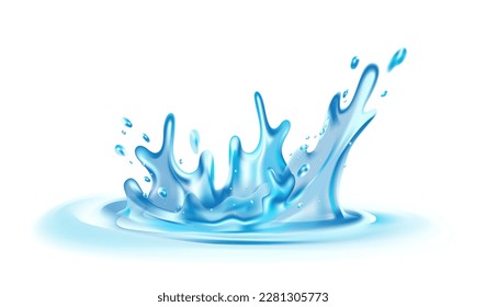 Vector illustration of splash of water on white color background. 3d style design of blue splash of water with drop for web, banner, poster, print