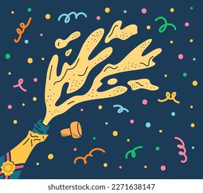 Vector illustration. Splashes of champagne from opened bottle with cork. Sparkling wine splashes bursting from green spirits bottle. Holiday celebration confetti background with liquid alcohol flying