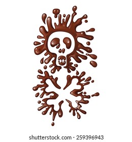 Vector illustration. Splashes and drops of chocolate in the shape of a skull and crossbones.