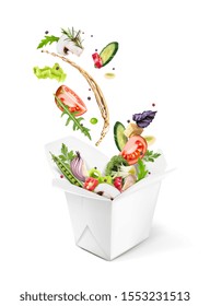 vector illustration of splashes of vegetables and oil in a wok box