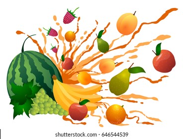 Vector Illustration. Splashing fruits on a white background.