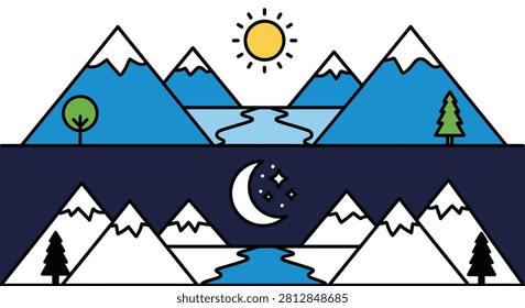 A vector illustration split into two halves showing a sunny day mountain scene with a river and a starry night mountain scene with a crescent moon.