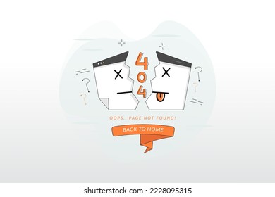 Vector Illustration, Split web page showing 404 page not found and orange back to menu button, flat design style
