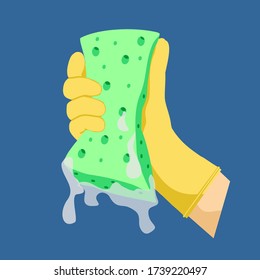 Vector Illustration of a Sponge. Washing Dishes in Hand, Dishwashing or surfaces. Scrub green Sponge. Hand in a yellow glove holding a green sponge. Concept of cleaning