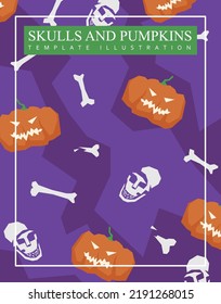 Vector illustration of a spooky background with human bones, skulls and carved jack-o-lanterns. Modern Halloween themed design template with text.