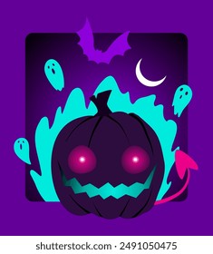 Vector illustration of a spooky cartoon pumpkin with flying bat and ghosts in mysterious fire. Scary halloween concept. Dark violett jack o lantern with devils tail.