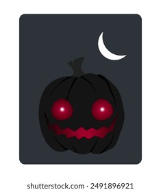 Vector illustration of a spooky cartoon pumpkin with mysterious moon. Scary halloween concept. Dark black jack o lantern with red glowing eyes.