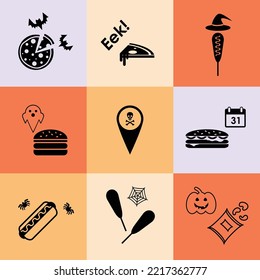 vector illustration of spooky food menu items for Halloween parties invitations emblems