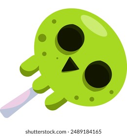 Vector illustration of a spooky green lollipop with a skull design. Perfect for Halloween-themed designs, decorations, invitations, websites, and festive projects.