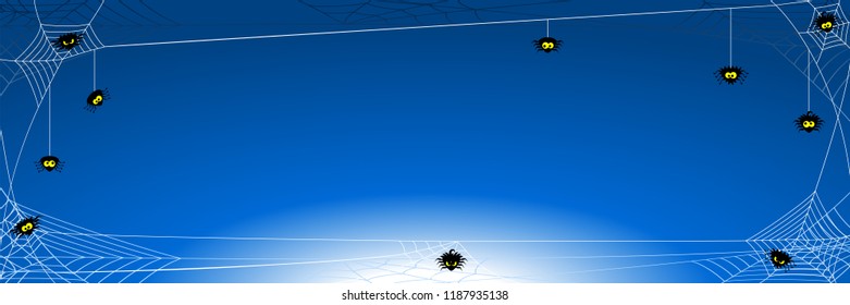 vector illustration of a spooky halloween background banner with spiders in net