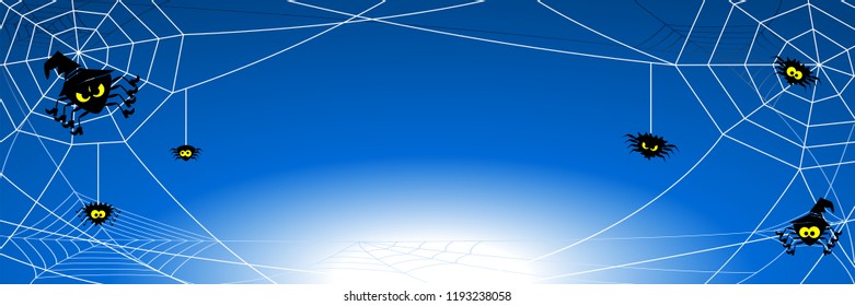 vector illustration of a spooky halloween background banner with spiders in net