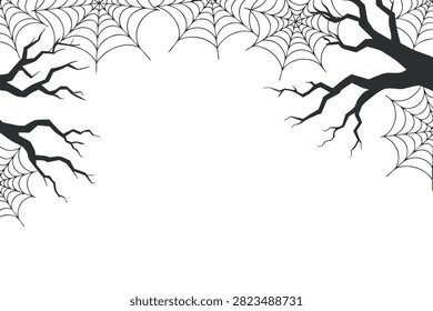Vector illustration of a spooky Halloween background frame featuring black bare tree branches and delicate spider webs hanging from the top and sides, isolated on a white background with empty center copy space, perfect for party invitations, horror banners, photo frames, greeting cards, and seasonal decorations.