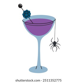 Vektorgrafik von gruseligen Halloween Cocktails mit Brombeermarmelade. Mysteriöses Getränk zum Horrorfest. Getränk für Halloween-Menü. Eine gruselige Spinne hängt aus dem Glas, lustiges unheimliches Design