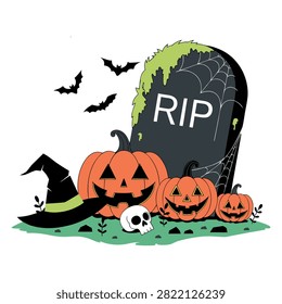 Vector illustration of a spooky Halloween graveyard scene featuring a dark RIP tombstone covered with green moss and spider webs, surrounded by carved jack-o'-lantern pumpkins, a white skull, a black witch hat, and flying bats, isolated on a white background, perfect for Halloween party invitations, trick-or-treat banners, stickers, t-shirt prints, and seasonal graphic designs.