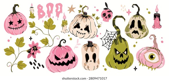 Vector illustration of spooky Halloween jack o lantern pumpkins clipart set. Creepy cute pastel goth harvest bundle with handwritten BOO lettering, burning candles, skull, and monsters.