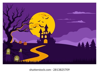 Vector illustration of a spooky Halloween night landscape featuring a dark haunted castle silhouette in the center against a giant yellow full moon. The scene includes a winding yellow path, a gnarled dead tree, old RIP tombstones in a graveyard on the left, a small pine forest silhouette on the right, glowing jack-o'-lantern pumpkins, flying bats, and purple twilight clouds. Perfect for Halloween party invitations, posters, banners, and spooky backdrops.