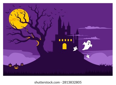 Vector illustration of a spooky Halloween night background featuring a dark haunted castle silhouette on a hill. The scene is decorated with cute flying ghosts, glowing jack-o'-lantern pumpkins on the grass, a large yellow full moon behind a gnarled dead tree, flying bats, and misty purple clouds. Ideal for Halloween party banners, flyers, and kids' spooky greeting cards.