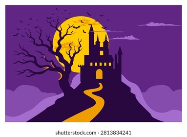 Vector illustration of a spooky Halloween night background featuring a dark haunted castle silhouette positioned in the center, partially blocking a large glowing full moon. The scene includes a winding yellow road leading up the hill, a gnarled dead tree on the left, bats flying in the dark purple sky, and mystical clouds. Great for invitations, flyers, and festive greeting cards.