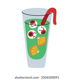 Ilustración vectorial de espeluznante ponche de Halloween en un vaso alto, sangría verde con globos oculares flotantes y rodajas de naranja, adornado con gusano gomoso. Imagen plana, de dibujos animados para la decoración temática del partido del horror