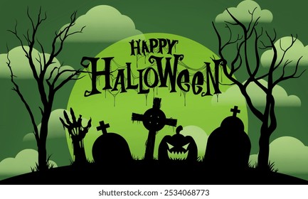 Vektorgrafik einer gruseligen Halloween-Szene mit 'Happy Halloween'-Text, einem leuchtend grünen Mond, Grabsteinen, unheimlichen Bäumen, einem geschnitzten Kürbis und einer aufgehenden Hand. Ideal für ein Halloween-Thema