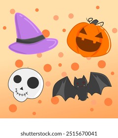 Ilustração vetorial com um tema assustador de Halloween, apresentando elementos clássicos como abóboras, fantasmas, morcegos e silhuetas misteriosas. Perfeito para projetos festivos, convites ou materiais promocionais durante