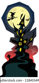 Vector illustration of a spooky house on a dark hill against a night time sky background. Vector cardboard standup layout for  print
