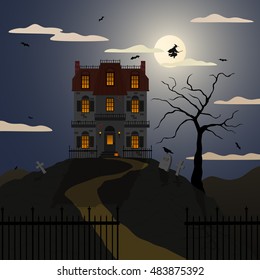 Vector Illustration Of A Spooky House Set In A Nighttime Halloween Scene.