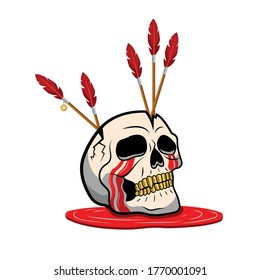 Vector illustration of a spooky human skull with arrows. Skeleton with bloody tears. Modern print for t-shirts in color style. Graphic template for any design.