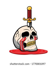 Vektorgrafik eines unscharfen menschlichen Schädels mit einem Schwert. Skelett mit blutigen Tränen. Moderner Druck für T-Shirts im Farbstil. Grafische Vorlage für jedes Design.