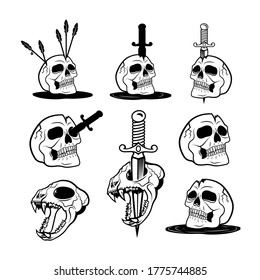 Vector illustration of spooky humans and animal skulls with knives, and arrows. Skeletons with bloody tears on a white background. Modern prints for t-shirts in color, and black and white style.